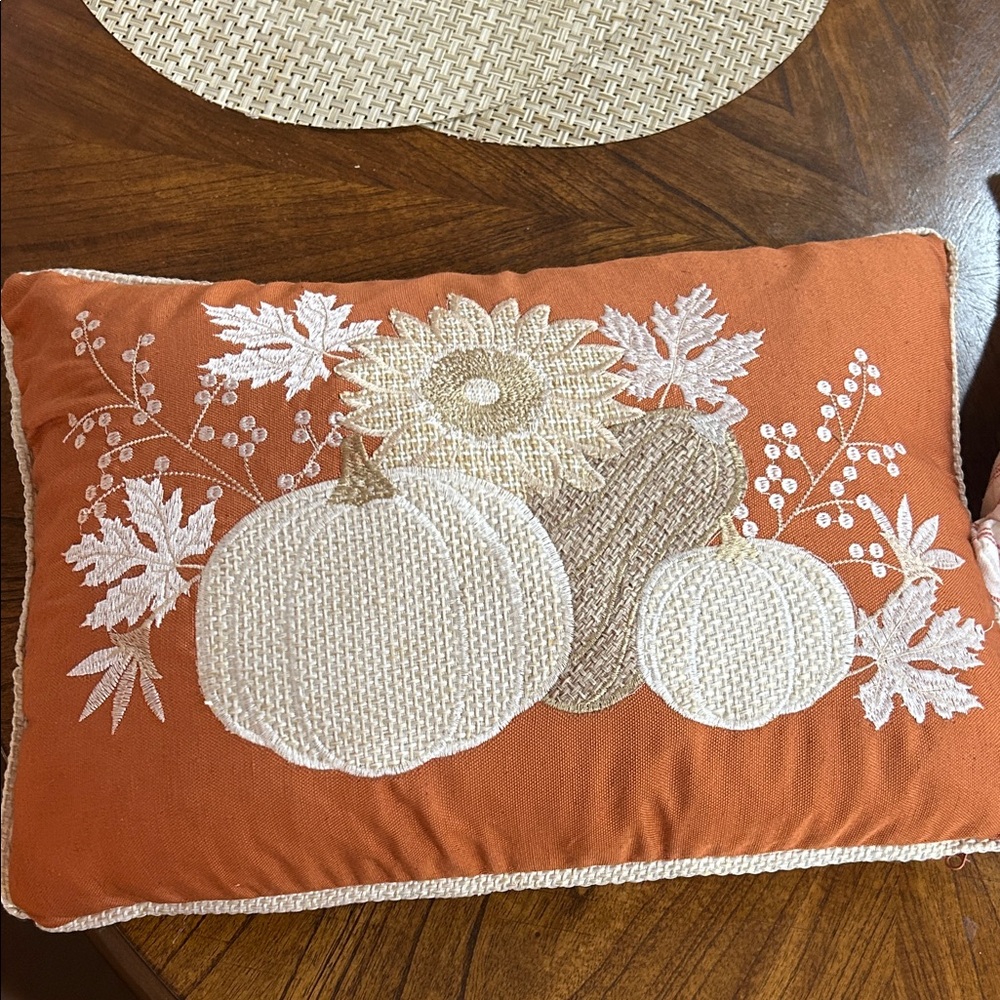 Decorative Orange Pillow with Embroidered Pumpkins